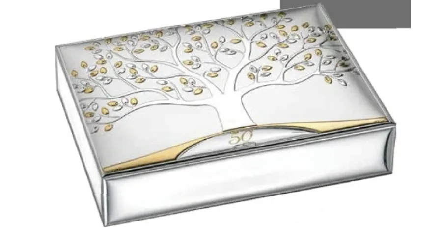 obrazek 1 Luksusowe srebrno-złote pudełko 15х20 cm na 50 rocznicę ślubu zdobione motywem drzewa