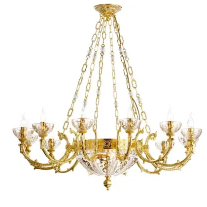 Zdjęcie Stylowy żyrandol z mosiądzu soldi z kryształowymi miseczkami zdobionymi 24K złotem - Il Paralume Marina