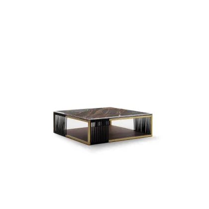 Zdjęcie Stolik kawowy 160x80cm na metalowo-skórzanej podstawie z blatem z drewna lub marmuru - Ulivi Salotti