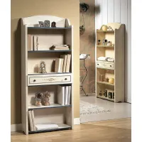 Picture Lacquered bookcase with doors and 5 shelves with white finish and light blue details, decorated - Zanini