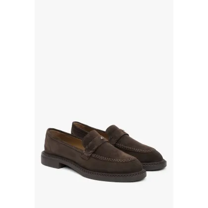 Zdjęcie Estro: Ciemnobrązowe loafersy damskie typu Penny z włoskiego weluru naturalnego Premium