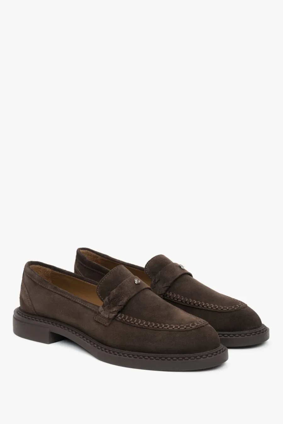obrazek 1 Estro: Ciemnobrązowe loafersy damskie typu Penny z włoskiego weluru naturalnego Premium