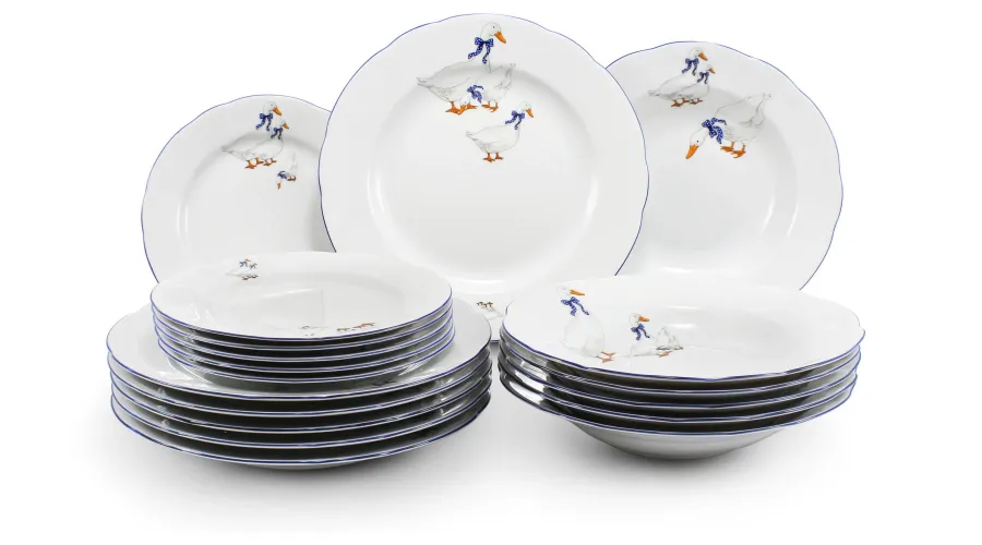 obrazek 1 Luksusowy 18-elementowy komplet porcelanowych talerzy zdobiony motywem gęsi - Leander