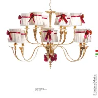 Picture Luxurious chandelier with 12 lamps in cast brass with red Murano glass flowers - Il Paralume Marina