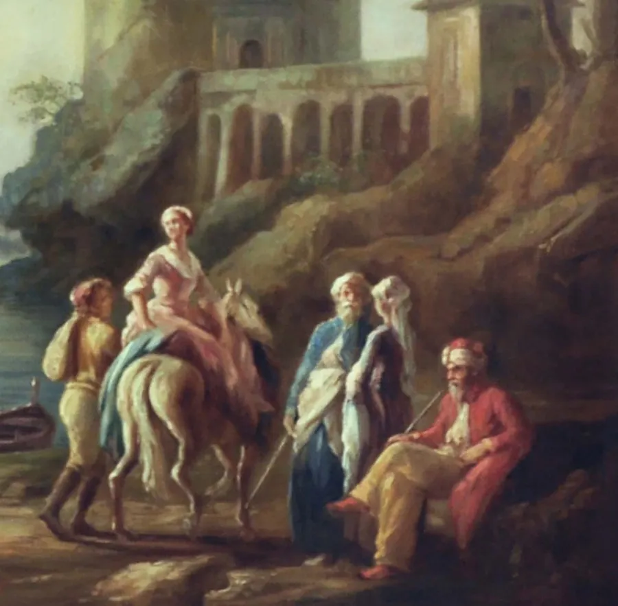 obrazek 4 Zjawiskowy obraz na płótnie z krajobrazem i postaciami 90x110 cm - Angelo Granati