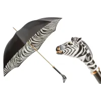Zdjęcie Piękny stylowy czarny parasol damski zdobiony wzorem zebry z rączką – głową zebry – Pasotti