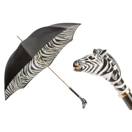 Zdjęcie Piękny stylowy czarny parasol damski zdobiony wzorem zebry z rączką – głową zebry – Pasotti