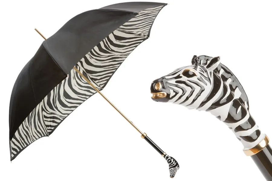 obrazek 1 Piękny stylowy czarny parasol damski zdobiony wzorem zebry z rączką – głową zebry – Pasotti