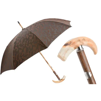 Picture Stylish brown men's umbrella with a camouflage pattern and an original handle - Pasotti