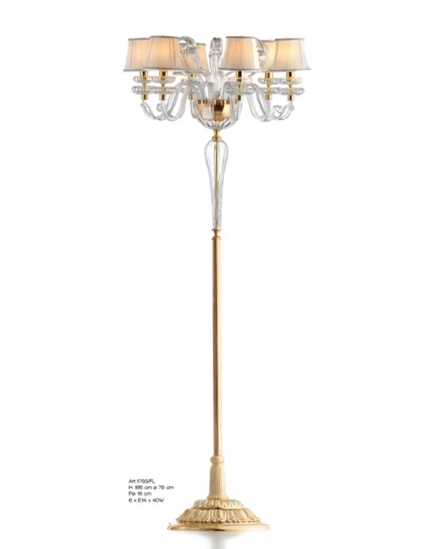 obrazek 1 Lampa podłogowa z sześcioma światłami z przezroczystego szkła Murano z jasnymi kloszami – Il Paralume Marina