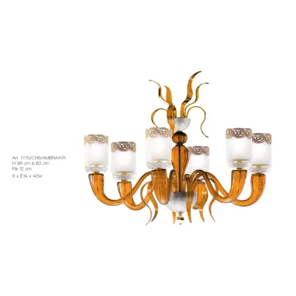 Zdjęcie 6-świetlny żyrandol z bursztynowego szkła Murano z mosiężnymi elementami inkrustowanymi kryształami Swarovski - Il Paralume Marina