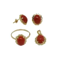 Zdjęcie Zestawy koralowe. owalne kolczyki, zawieszka i pierścionek z perforowanymi krawędziami o wymiarach 10x8mm.
