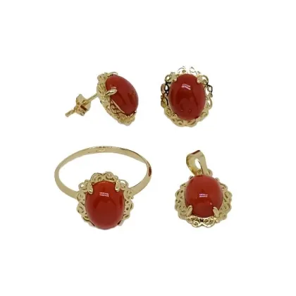 Zdjęcie Zestawy koralowe. owalne kolczyki, zawieszka i pierścionek z perforowanymi krawędziami o wymiarach 10x8mm.