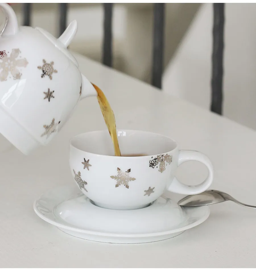 obrazek 4 Piękny porcelanowy zestaw – filiżanka z czajniczkiem zdobiony płatkami śniegu – Leander