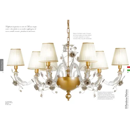 Zdjęcie Luksusowy żyrandol 8-świetlny z przezroczystego szkła Murano z metalowymi różami i dwuwarstwową tkaniną - Il Paralume Marina