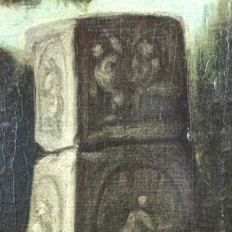 obrazek 4 Krajobraz z figurami ruin, stadami i pasterzami  z oryginalną ramą  z 1700roku
