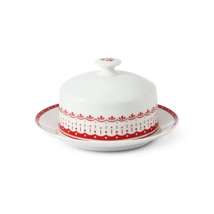 Zdjęcie Oryginalna okrągła maselniczka z porcelany zdobiona prostym czerwonym motywem – Leander