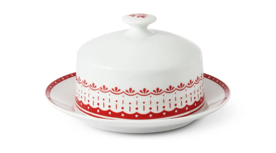 obrazek 1 Oryginalna okrągła maselniczka z porcelany zdobiona prostym czerwonym motywem – Leander