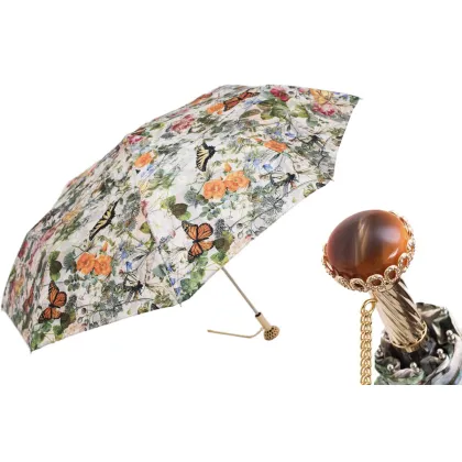 Zdjęcie Luksusowy parasol damski zdobiony motywem motyli i roślinnym z rączką z klejnotem - Pasotti