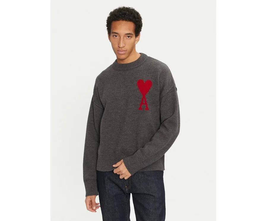 obrazek 1 AMI PARIS Sweter BFUKS006.018 Szary Regular Fit