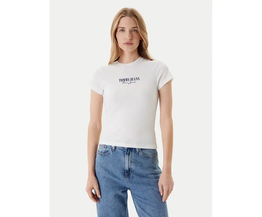 obrazek 1 Tommy Jeans T-Shirt Logo Pointelle DW0DW20899 Écru Slim Fit