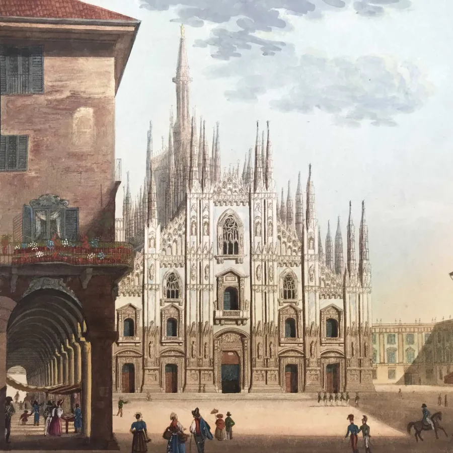 obrazek 4 Aquatint z widokiem na Piazza i Duomo w Mediolanie z około 1830 roku.