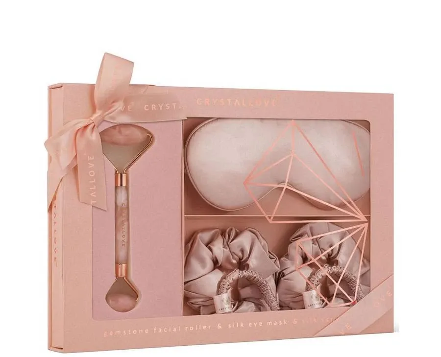 obrazek 1 Crystallove Rose Quatrz Home Spa Set (Roller z Kwarcu Różowego + Opaska z Jedwabiu + 4 Gumki z Jedwa