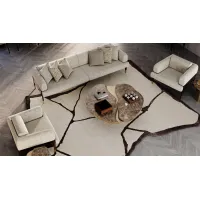 Picture A unique upholstered sofa with a wooden structure and metal details
