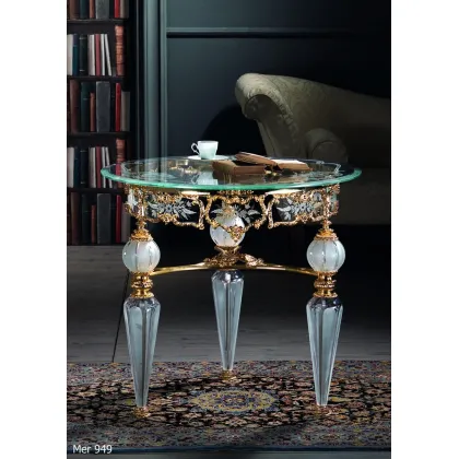 Zdjęcie Okrągły stół z pozłacanego brązu i grawerowanego kryształu