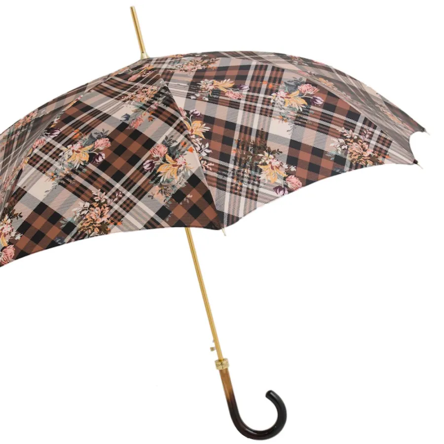 obrazek 8 Stylowy parasol damski w klasyczną brązową kratę z motywem kwiatów – Pasotti