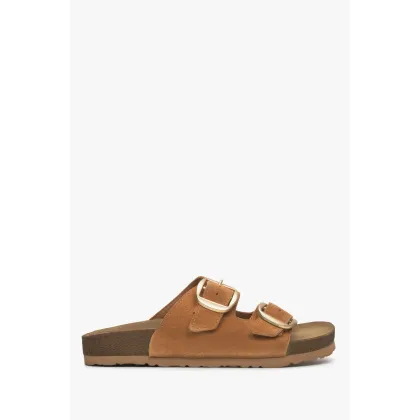 Zdjęcie Estro: Brązowe klapki damskie z weluru naturalnego z grubymi paskami