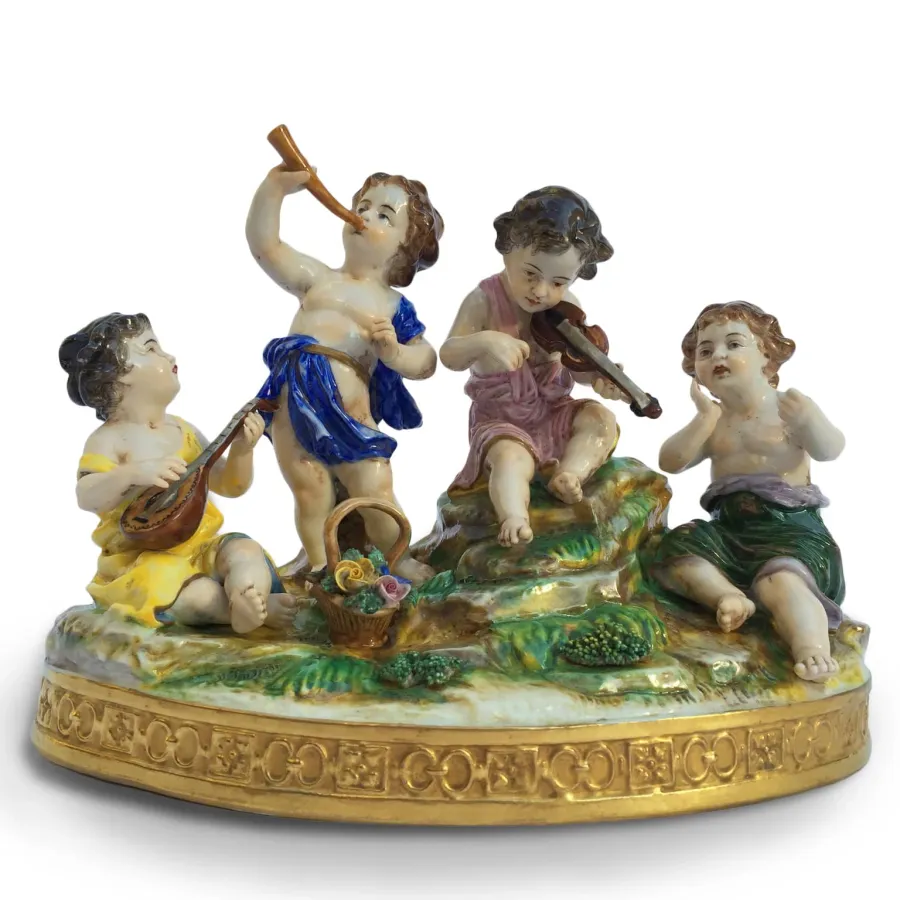 obrazek 3 Grupa muzycznych aniołków z polichromowanej i złoconej porcelany, ręcznie malowana