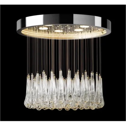 Zdjęcie Nowoczesny okrągły żyrandol wykonany ze szczotkowanego chromowanego metalu z oświetleniem LED i przezroczystymi kroplami ze szkła Murano – Il Paralume Marina