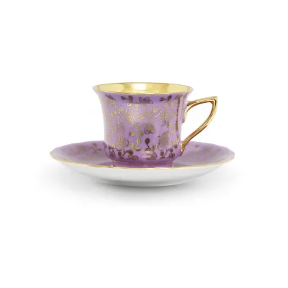 Zdjęcie Porcelanowa filiżanka do kawy Windsor ze spodkiem w kolorze fioletowym zdobiona złotym motywem kwiatowym – Leander