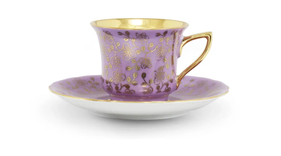 obrazek 1 Porcelanowa filiżanka do kawy Windsor ze spodkiem w kolorze fioletowym zdobiona złotym motywem kwiatowym – Leander