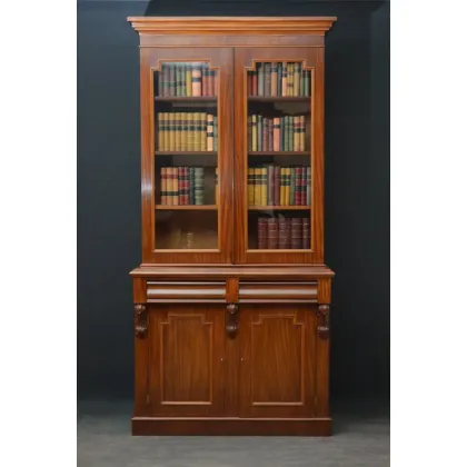 Zdjęcie Drobny i elegancki wiktoriański regał na książki z mahoniu z formowanym gzymsem - antyk