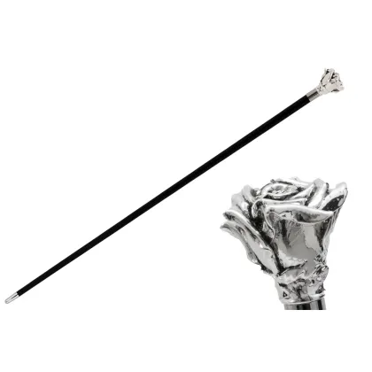 Zdjęcie Klasyczna czarna laska z uchwytem w kształcie srebrnej róży – Pasotti