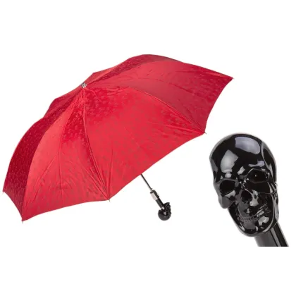Picture Unique red men's umbrella with red skull print and black skull handle - Pasotti