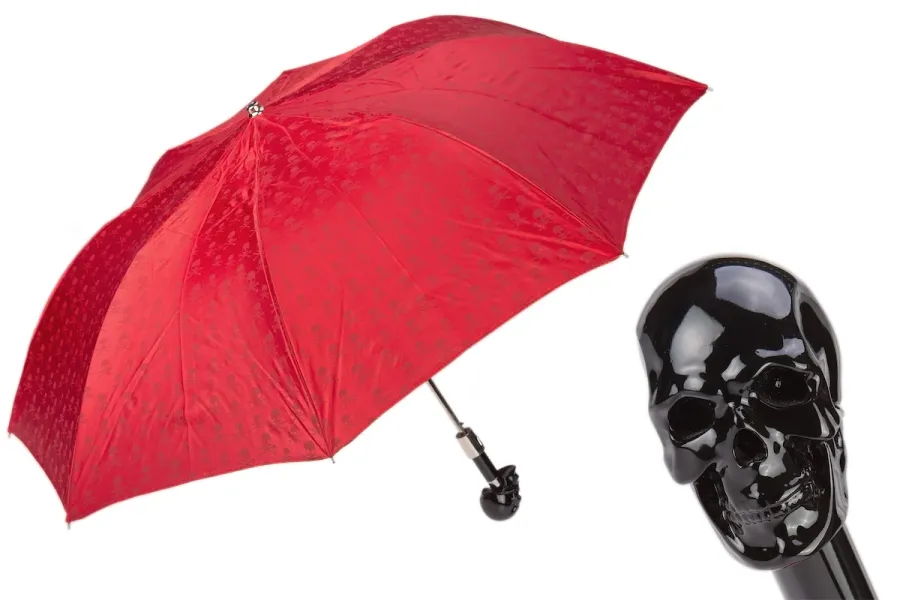 obrazek 1 Wyjątkowy czerwony parasol męski z czerwonym nadrukiem w czaszki z rączką w kształcie czarnej czaszki - Pasotti