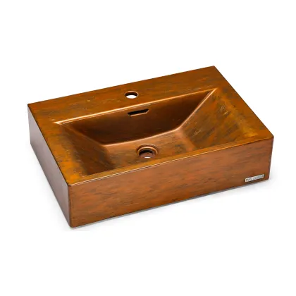 Zdjęcie Wyjątkowa umywalka 60 cm PYXIS BASIC z przelewem, z otworem na baterię – AGED METAL, miedziany i czarny, lakier matowy