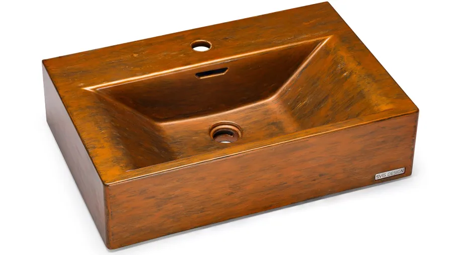 obrazek 1 Wyjątkowa umywalka 60 cm PYXIS BASIC z przelewem, z otworem na baterię – AGED METAL, miedziany i czarny, lakier matowy