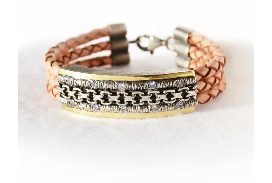 picture 1 Unique leather bracelet, decorated with gold and silver