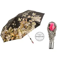 Picture Luxurious black women's umbrella decorated with a leopard motif with a handle with a gem and Swarovski crystals - Pasotti