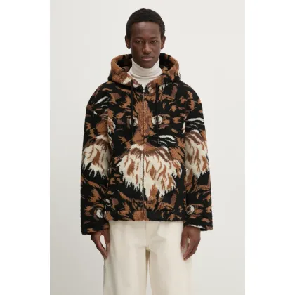 Zdjęcie JW Anderson bluza polarowa z domieszką wełny Zip Front Hooded Jacket kolor brązowy z kapturem wzorzysta JK0337.PG1585.600