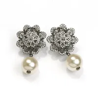Picture Black silver rhodium-plated earrings, finished with white zircons and pearl