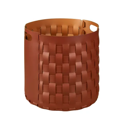 Zdjęcie Ekskluzywny bordowy kosz Bottega Ø40xH40 cm z plecionym skórzanym korpusem