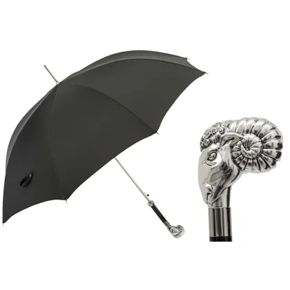 Picture Beautiful, stylish black men's umbrella with a handle in the shape of a ram's head - Pasotti