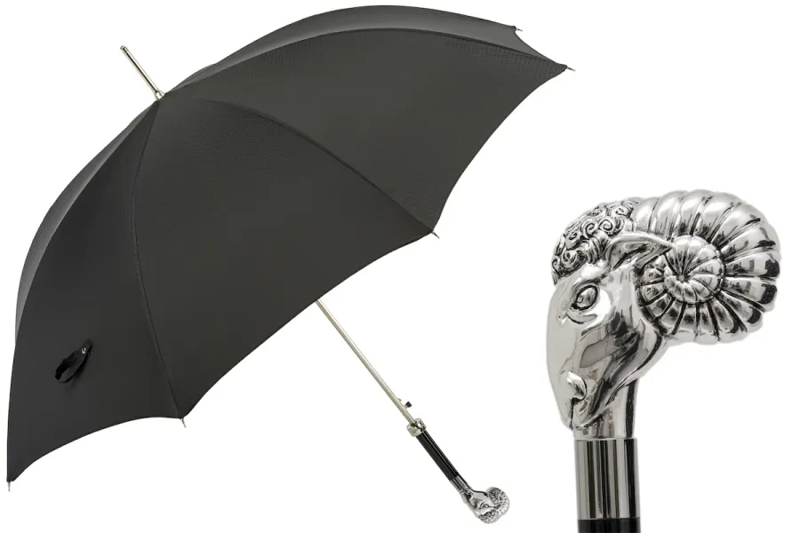 obrazek 1 Piękny stylowy czarny parasol męski z rączką w kształcie głowy barana - Pasotti