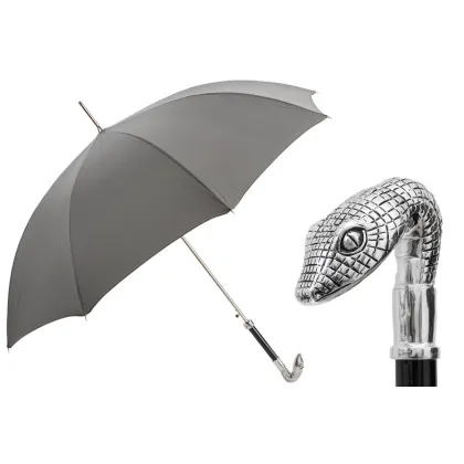 Picture Prestigious gray men's umbrella with a handle in the shape of a snake's head - Pasotti
