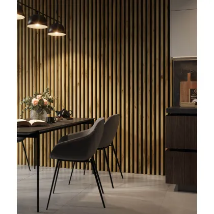 Zdjęcie 275x30x4,6 cm LD (5 lameli dąb wotan) panel akustyczny na płycie MDF 6 mm - dekoracja ścienna 3D